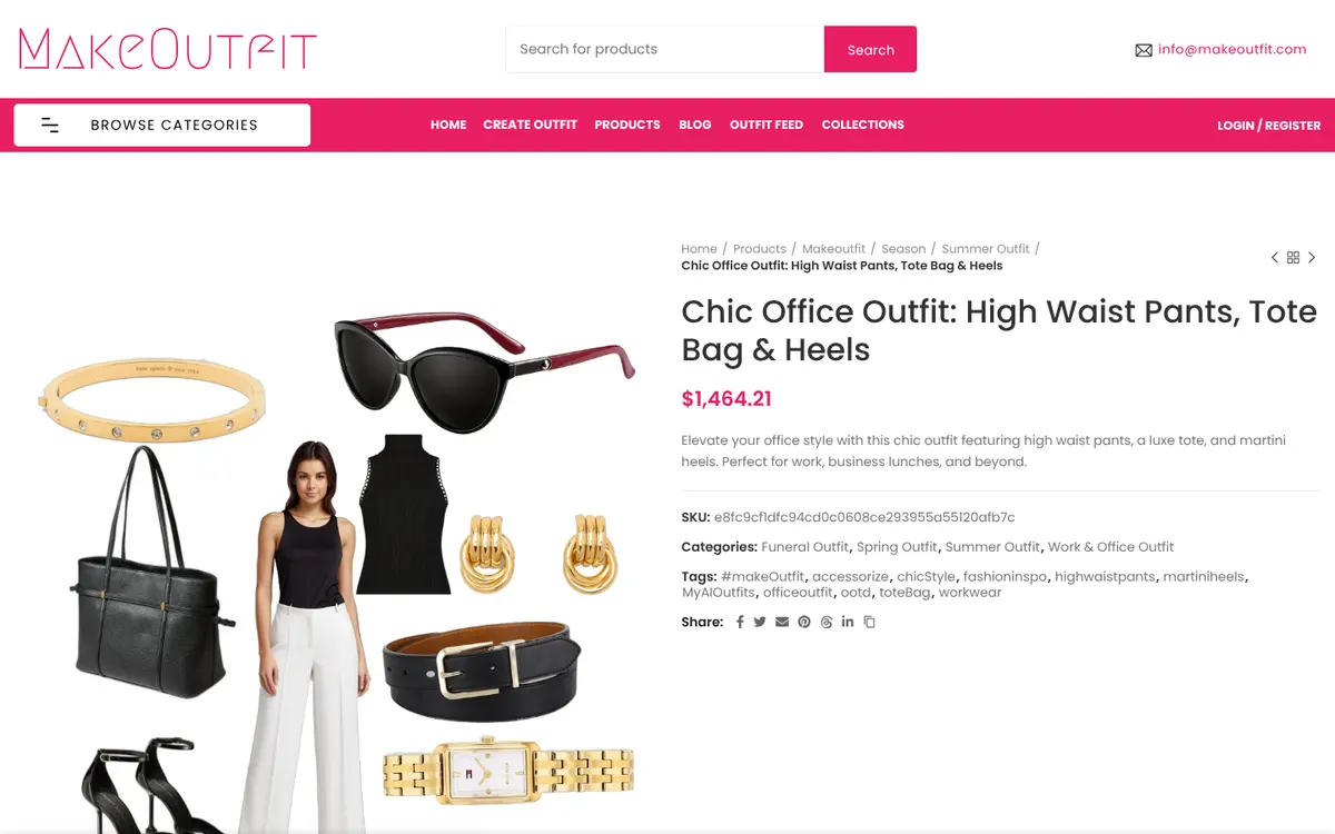 An outfit page, with every piece linked to its store.