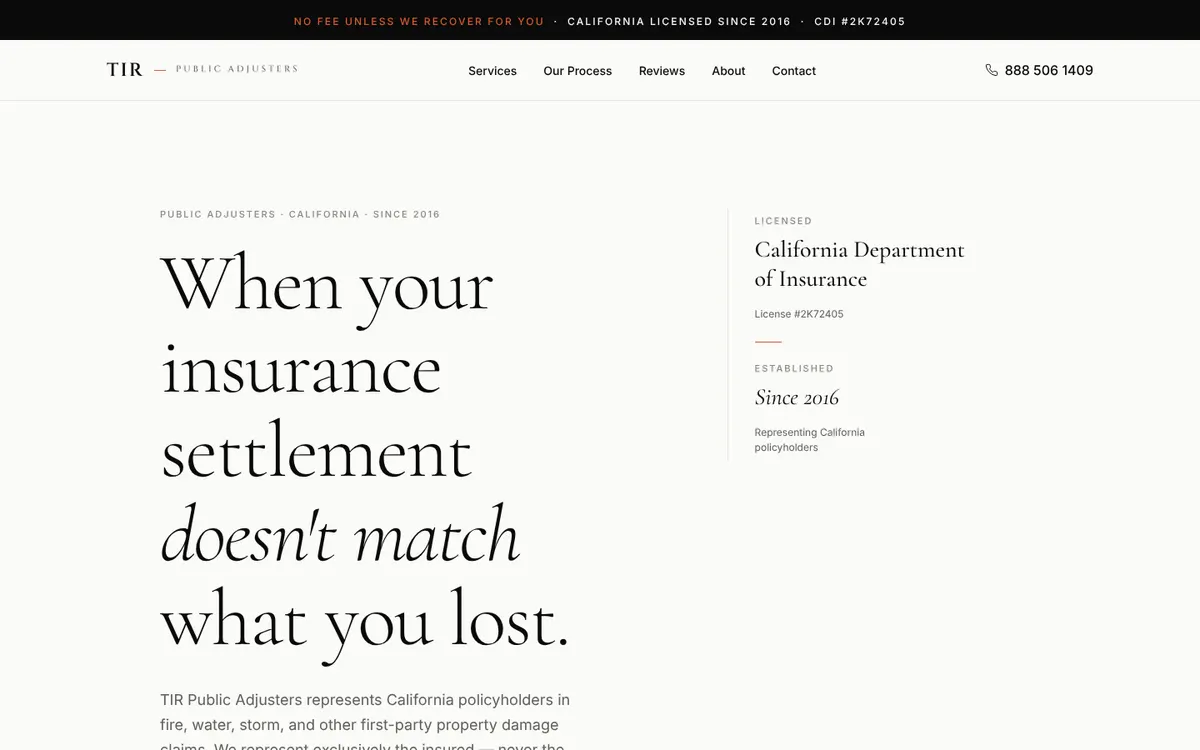 TIR Public Adjusters homepage